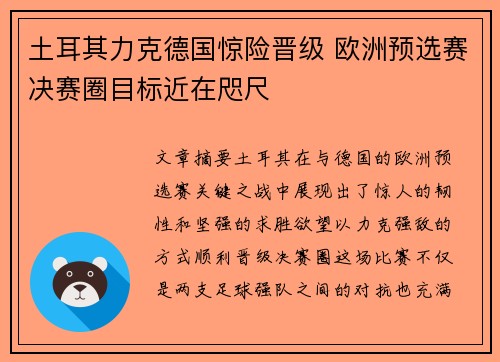 土耳其力克德国惊险晋级 欧洲预选赛决赛圈目标近在咫尺